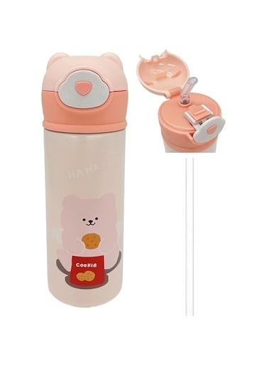 KASTWAVE Kids Vacuum Insulated Water Bottle with Straw, 14Ounce Leak-Proof Stainless Steel Cute Little bear Thermos for Children Hot and Cold Drinks Travel Easy to Carry for Outdoor Travel (PINK)