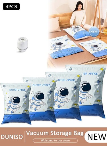 Combo Vacuum Storage Bag with Electric Pump, 4 Pack(1Jumbo + 1 Large + 1Medium + 1 Small) of Reusable Compression Bags, Double Zip Seal Special-Grip Clip,Travel Vacuum Sealer Bags, Rapid Vacuum for Clothes, Mattress, Blanket, Pillows Compression and Travelling