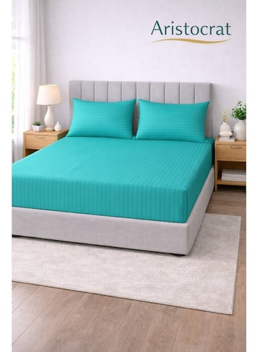 3-Piece Striped Microfiber Fitted Sheet Set Super King 200x200cm &acirc;&euro;&ldquo; Soft Elastic Deep Pocket 17cm Bedsheet with 2 Pillowcases 50x70cm, Teal Microfiber Teal 200x200+17cm