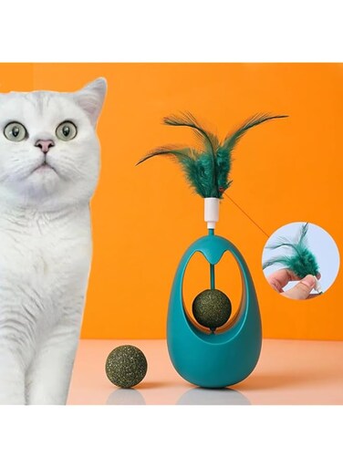 Unbaiser Interactive Cat Toys with Feather Tumbler: Cats Ball Toy Set for Indoor Pet Exercise Toys for Play Kitten, Fun Tracker Menthol Ball, Cat Gifts Green
