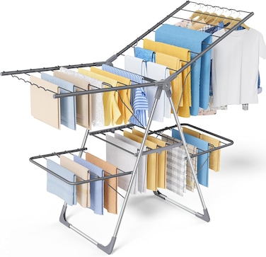 Clothes Drying Rack, Foldable 2-Tier Dryer with Height Adjustable Side Wings, Free Standing Laundry Rack for Clothes &amp; Bedding, Indoor &amp; Outdoor Use, Gray, 141 &times; 58 &times; 93 cm
