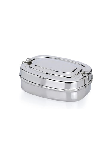 Stainless Steel Tiffin Lunch Box Rectangle 2 Compartments and Locking Clip Medium