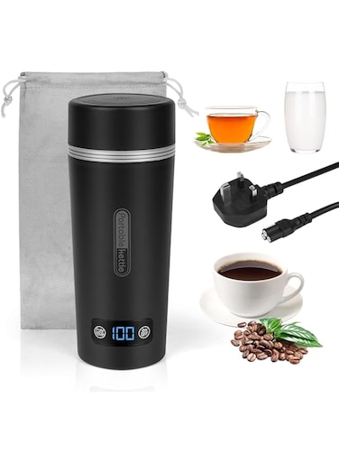 Portable Electric Kettle for Travel, 350ml Small Mini Tea Coffee Kettle Water Boiler with 4 Temperature Control, 304 Stainless Steel Kettle with Auto Shut-Off and Boil Dry Protection (A-Black)
