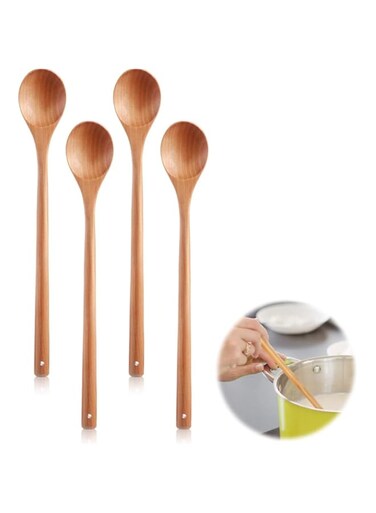 ELECDON Wood Spoon, 4Pcs Wood Mixing Spoon Long Handle Wooden Spoons Wood Soup Spoons for Kitchen Stirring and Cooking 33CM