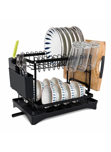 Tier Dish Drying Rack for Countertop, Large Capacity Kitchen Rack with Drainboard, Utensil Holder &amp; Cup Holder, Space Saving Dish Drainer Organizer for Plates, Bowls &amp; Cups, Black