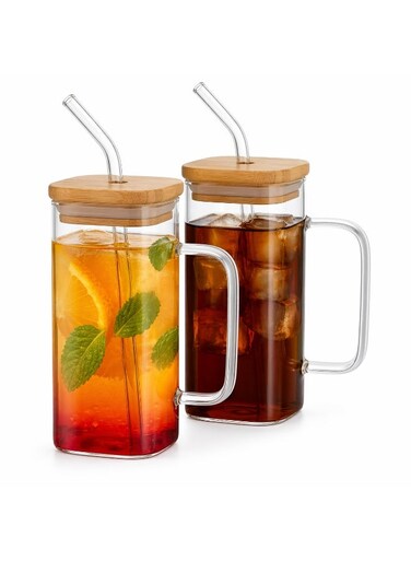 Bee 320ML Borosilicate Glass Mug Set of 2 with Bamboo Lid &amp; Reusable Glass Straw, Square Clear Drinking Cups for Juice, Iced Coffee, Tea, Smoothies, Heat Resistant Eco Friendly Drinkware