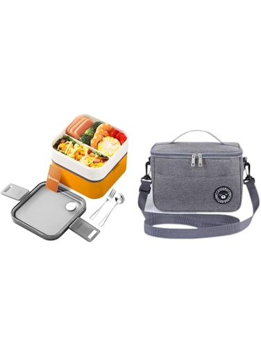 Belfino UAE Bento Set of Lunch Box with Bag, 2 Layer Leakproof Stackable Boxes with Divider, 1370ml Japanese Style Container, Lunch Bag, and Utensils - Orange