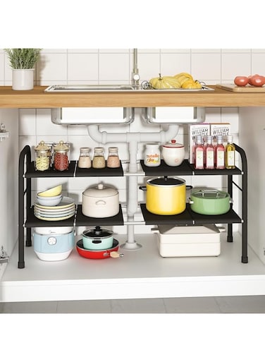 U-HOOME Under Sink Organizers,2 Tier Expandable Cabinet Shelf,Under Sink Storage Rack with Removable Panels,Multi-Use Cabinet Pantry Shelf for Under Kitchen Bathroom Sink Organizers and Storage