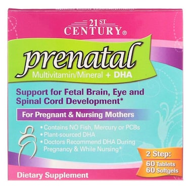 أقراص الفيتامينات والمعادن المتعددة لما قبل الولادة من القرن الحادي والعشرين + كبسولات DHA اللينة لما قبل الولادة، عبوة مزدوجة من 60 قرصًا + 60 قرصًا