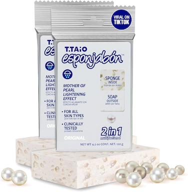 T.Taio Esponjabon Mother Of Pearl Soap Sponge - Cleansing Shower Scrubber - Cleaning Bath Wash Scrub - Oil Removal - Massage &amp; Lather Foot, Elbow, &amp; Face - Bathroom Accessories (2-Pack)