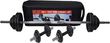 ULTIMAX 50kg Dumbbell and Barbell Set - Adjustable Grey Weights with Carrying Box for Home &amp; Gym Fitness Workouts