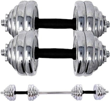 ULTIMAX 20 Kg Adjustable Chrome Dumbbell Set Convertible Dumbbells &amp; Barbell with Connector for Home Gym &amp; Office Fitness Workouts - Silver