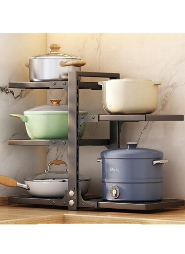 Pots and Pans Organizer for Cabinet,Kitchen Organizer and Storage Rack,Space Saving Stand with Adjustable Dividers,5 Layer Double Sided With Panel Black.