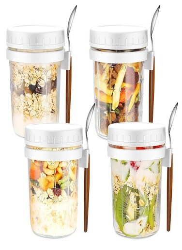 4 Pack Overnight Oats Containers with Lid and Spoon, 350ml Clear Glass Mason Jars