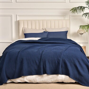 Queen Size (230cm x 230cm) 400GSM 100% Washed Cotton Waffle Weave Blanket, Cozy Breathable Skin-Friendly Throw for All Season, Luxury Fall Layer Bedspread for Couch Bed Sofa, Navy Blue