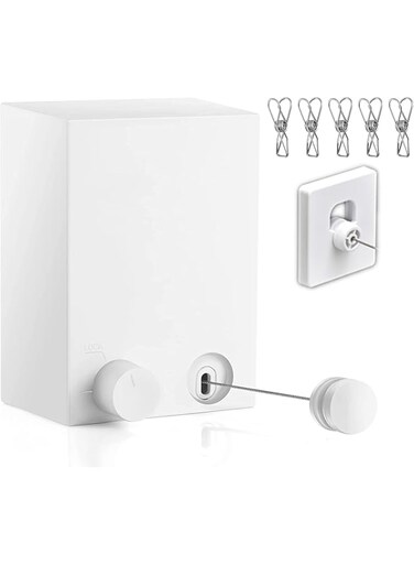 Retractable Clothesline - Heavy Duty Stainless Steel 13.8 Ft Adjustable Space Saving Drying Rope with Aluminum and ABS Wall Mount Case, Perfect for Compact Areas Indoor/Outdoor, White