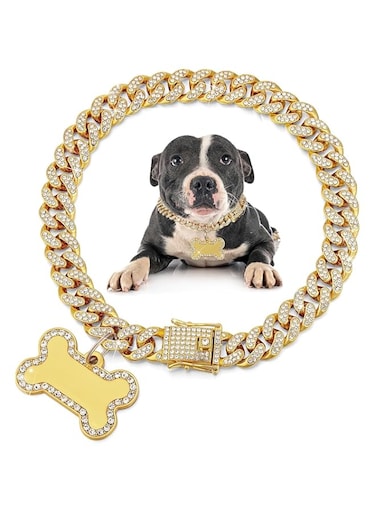Dog Chain Golden Diamond Collar with Pet Jewelry Tags Rhinestones Stainless Steel Metal Link Chain Collar Walking Chain Necklace for Puppy Dog (Golden, 30cm)