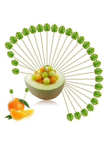 Fruit Toothpick, 100Pcs Handmade Bamboo Appetizer Wooden Decorative Sticks, Decorative Birthday Party Supplies, Fruit Food Drink Dessert Toothpick (Green Leaf)