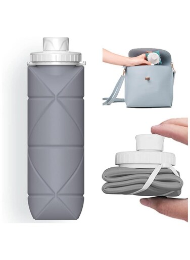 water bottle, Silicone water bottle, Carabiner water bottle, Travel water bottle, Leakproof water bottle for home, gym, office, camping (Grey)