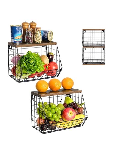 Fohome Hanging Kitchen Basket Wire Basket with Wood Lid, 2-Pack Stackable Kitchen Counter Organizer Countertop Fruit Onion and Potato Storage, Wall Mounted Produce Basket Storage(Hanging)