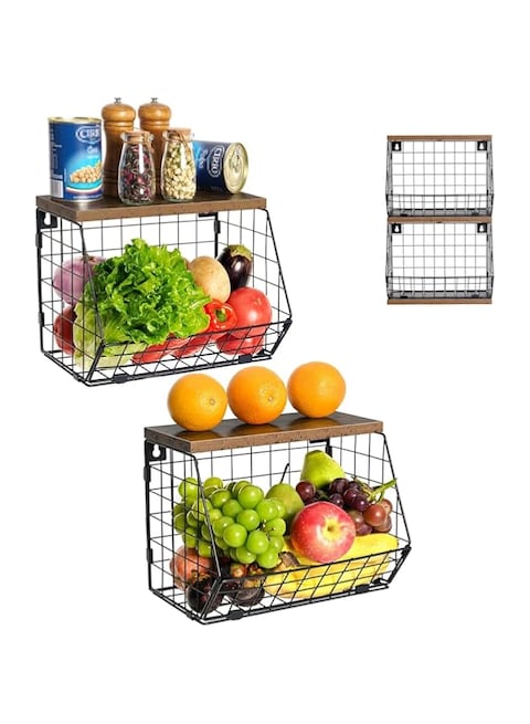Fohome Hanging Kitchen Basket Wire Basket with Wood Lid, 2-Pack Stackable Kitchen Counter Organizer Countertop Fruit Onion and Potato Storage, Wall Mounted Produce Basket Storage(Hanging)