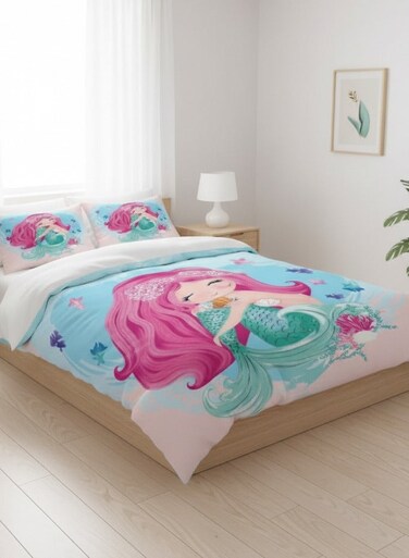 Home Single Size 4-Piece 1 duvet cover (160 x 210 cm), 1 fitted sheet (100 x 200 + 30 cm), and 2 pillow cases (50 x 75 cm) - Pink 3D mermaid design