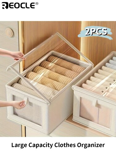 2pcs Large Capacity Oxford Fabric Clothes Organizer Flip Top Window Design Storage Box for Underwear Quilts Closet Underbed Multi-Functional Home Organization