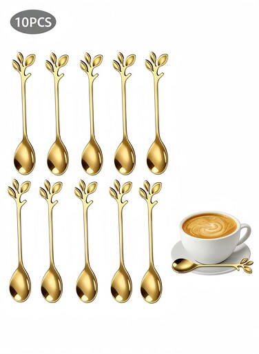 Elegant Gold Leaf Coffee Spoons 4.9" Mini Stainless Steel Espresso and Dessert Tea Spoons Creative Leaf Tableware Dessert Spoon for Stirring Mixing Sugar Ice Cream Cake Coffee Tea