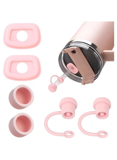 BananaHome 6pcs Silicone Spill Stopper Set,Compatible with Stanley Cup1.0&amp;2.0 40oz/ 30oz,Tumbler Accessories,Including Straw Cover Cap,Square Spill Stopper and Round Leak Stopper (Pink（6pcs）)