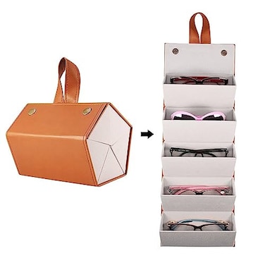 PU Leather Hanging Foldable Eyeglasses Case Storage Box 5-Slot Sunglasses Travel Organizer Hanging Eyewear Holder for Men Women