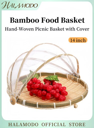Woven Bamboo Food Cover Basket Foldable Mesh Canopy &amp; Handwoven Base Design with Natural Material Structure for Kitchen Food Preservation Use