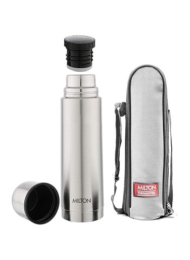 MILTON 1000ml Thermosteel Flask with Jacket, Keeps Drinks Hot and Cold for 24 Hours, 18/8 Stainless Steel, Double-Walled Vacuum Insulated Water Bottle with Inner Copper Coating - Plain Lid - Silver
