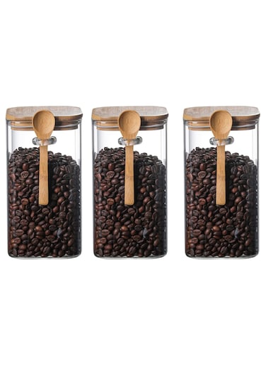 Glass Storage Jar with Bamboo Lids and bamboo Spoon,Set of 3 Airtight Food Jars Kitchen Food Storage Containers with Scoop For Serving Tea, Coffee, Flour, Sugar, Candy, Cookie, Spice (Large:1200ml)