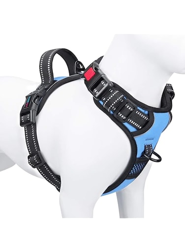 PHOEPET No Pull Dog Harness Reflective Adjustable Vest with a Training Handle, Name ID Pocket, 2 Metal Leash Hooks, 3 Snap Buckles [Easy to Put on &amp; Take Off](M, Baby Blue)