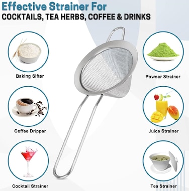 Tea Strainer with Handle - Stainless Steel Fine Mesh Mini Cocktail Strainer for Tea, Herbs, Coffee &amp; Drinks" Silver
