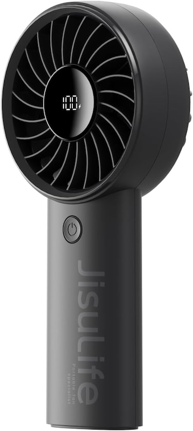 JISULIFE Handheld Fan Life4, Upgraded Portable Fan with Powerful Wind, USB Rechargeable Mini Hand Fan with Digital Display,3600mAh Battery, 5 Wind Speeds, Ideal for Travel/School/Eyelash-Black