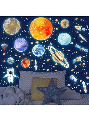 Glow in The Dark Stars and Planet Bright Solar System Wall Stickers Galaxy Astronaut Rocket Fluorescent Luminous Adhesive Wall Decals for Nursery Kids Bedroom Ceiling Birthday for Girls and Boys Blue