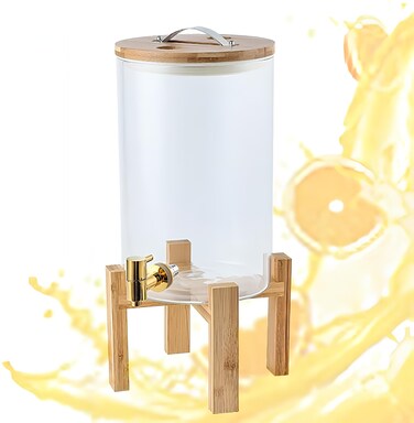 Homesmiths Juice Dispenser, 8 L, Made of Glass, Juice Dispenser, Water Dispenser with Stand and Tap Glass Lid, Stainless Steel Tap, Wooden Stand, for Hot or Cold Drinks, Ice Water.