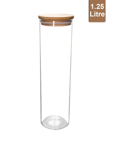 Honey Bee 1.25 Liter Multipurpose Airtight Tall Round Glass with Bamboo Lid For Kitchen &amp; Pantry