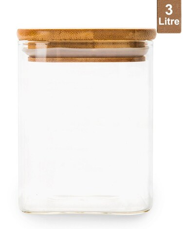 Honey Bee 3 Liter Multipurpose Airtight Round Glass with Bamboo Lid For Kitchen &amp; Pantry