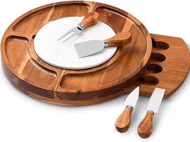 Gstorm Cheese Board Set, Round Acacia Charcuterie Board, Cheese Serving Platter with Slide-Out Drawer, 4 Piece Stainless Steel Cutlery