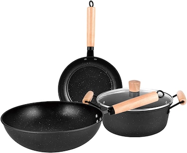 GStorm - 3PCS Cookware Set Wok Frying Pan Saucepan with Lid Pots Pans Set Maifan Stone Nonstick Egg Pan Cooking Tools