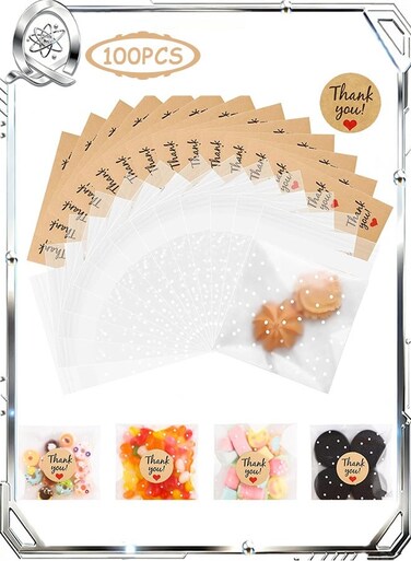 100 PCS Self Adhesive Cookie Bags, Clear Cellophane Treat Bags with Thank You Stickers, White Polka Dot Cookie Bags for Gift Giving Cookie Chocolate