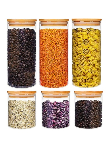 MAMATOONS 6-Piece Glass Storage Jars with Airtight Bamboo lids, Food Storage Jars,Cookie Jars, Glass Kitchen Storage Jars,3 X Large 1300ml,3 X Small 600ml