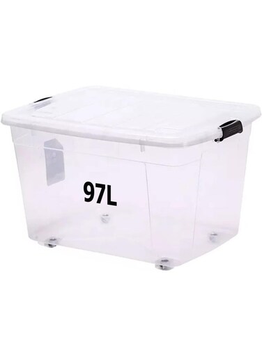 Storage Box 97 L With Lockable Lid &amp; Wheels   Clear Plastic Organizer  Transparent Box For Storing Clothes, Toys, Tools, Medicine, Office/Kitchen Supplies, Documents &amp; Arts &amp; Crafts