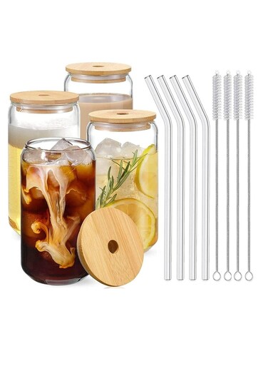 Home Drinking Glasses Can Shaped with Bamboo Lids and Glass Straw 4pcs Set 16oz 600ml Coffee Soda Glass Beer Glasses Iced Coffee Glasses Cute Tumbler Cup Heat Resistant Drink Glass