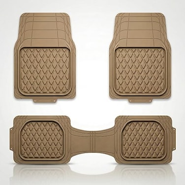 Auto Family 73 * 50cm 3 Pcs Set Car Floor Mats, All Weather Rubber/TPE Anti-Slip Front and Rear Connected Car Mats, Carpeted Floor Car Mats with Cargo Liner&amp; Built-in Heel Pad (Beige)