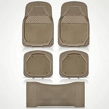 Auto Family 74 * 50cm 5 Pcs Set Car Floor Mats, Carpeted Floor Car Mat with black Rubber Design &amp; Built-in Heel Pad, Anti-Slip Waterproof Car Mats, Front, Rear &amp; Center Mats (Beige)
