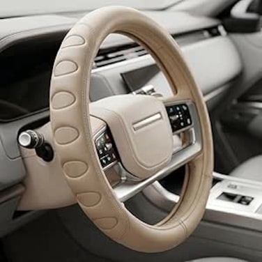 Auto Family Premium Leather Steering Wheel Cover 15 inches(37-38cm) &ndash; Universal Fit Anti-Slip Grip, Breathable Soft PU Leather, Heat Resistant, Easy Install, Car Interior Accessories (Beige)