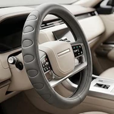 Auto Family Premium Leather Steering Wheel Cover 15 inches(37-38cm) &ndash; Universal Fit Anti-Slip Grip, Breathable Soft PU Leather, Heat Resistant, Easy Install, Car Interior Accessories (Grey)